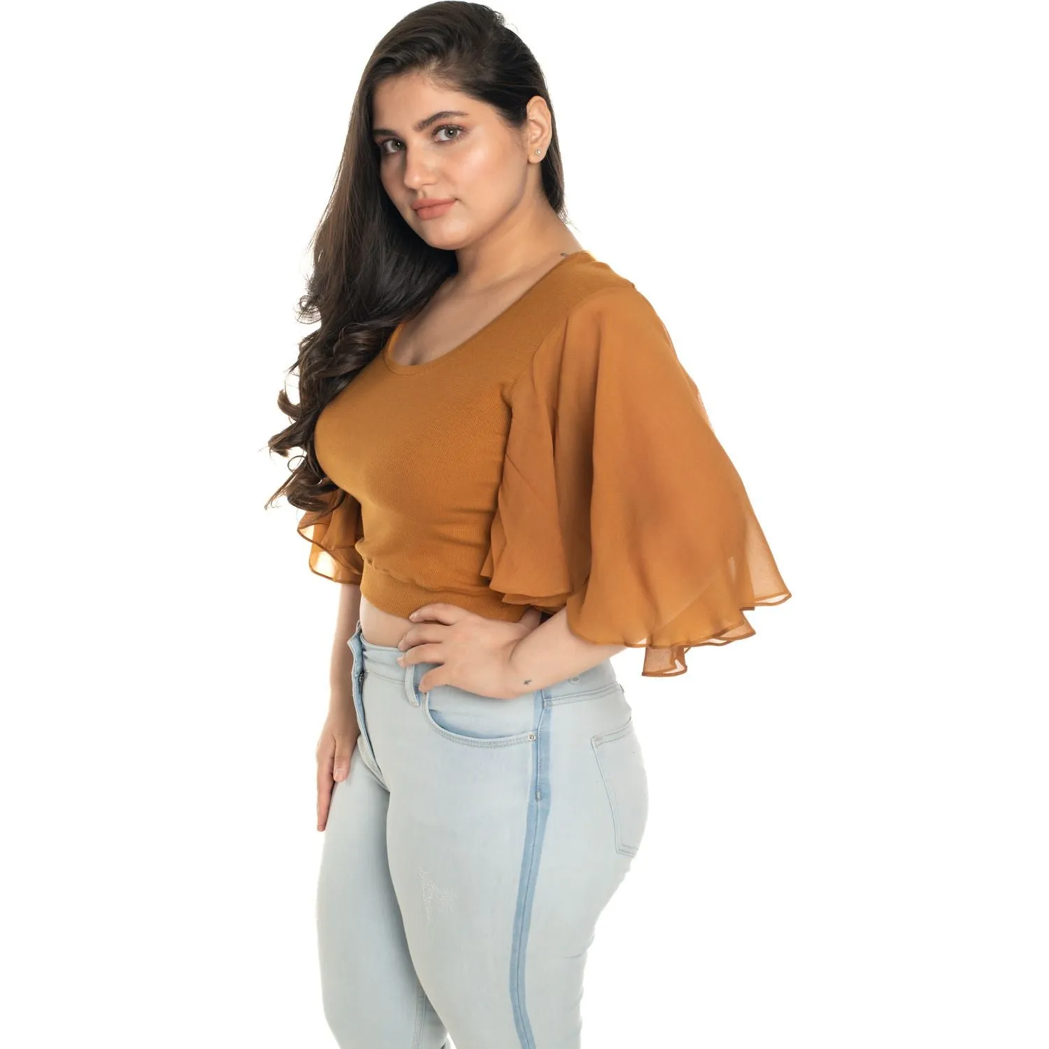 Hosiery Deep Neck Blouses - Butterfly Sleeves - Plus Size