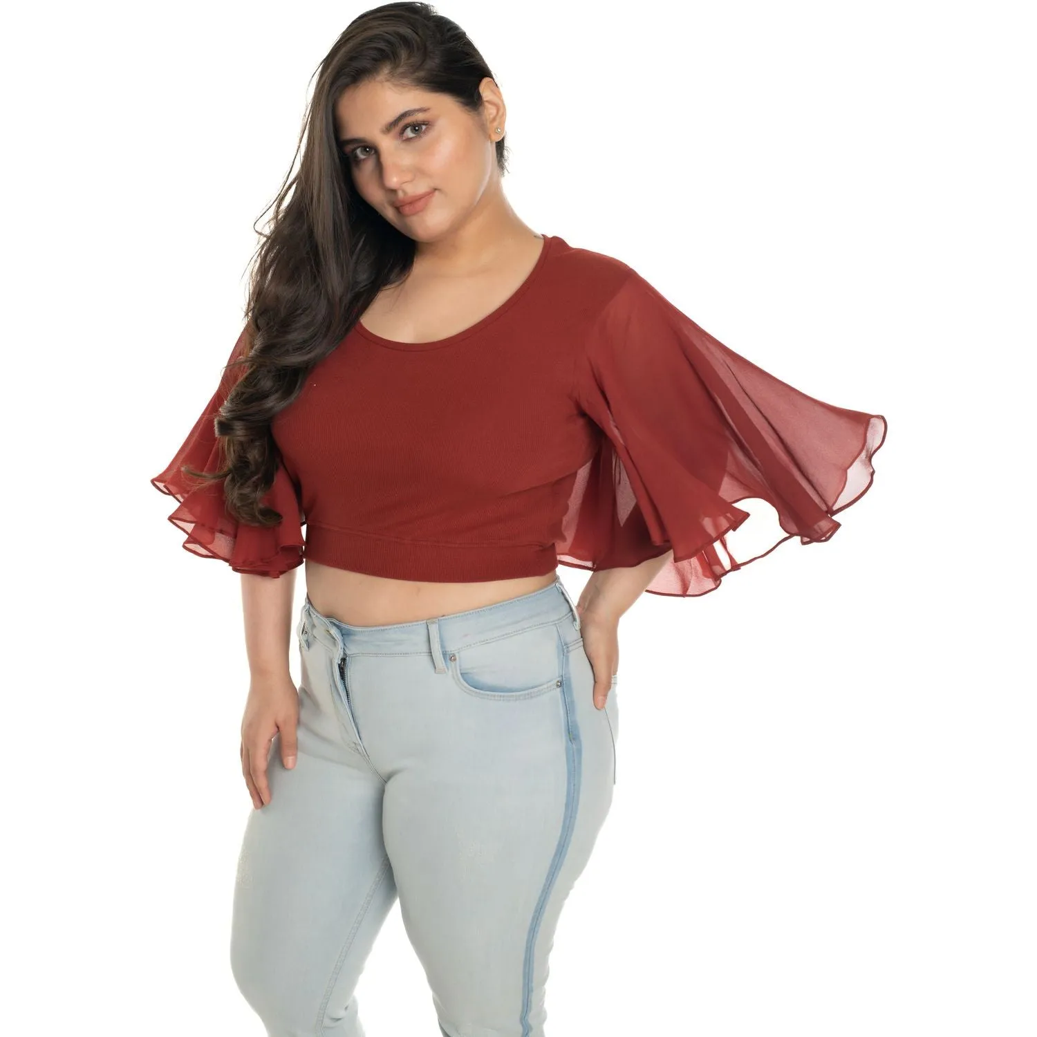 Hosiery Deep Neck Blouses - Butterfly Sleeves - Plus Size