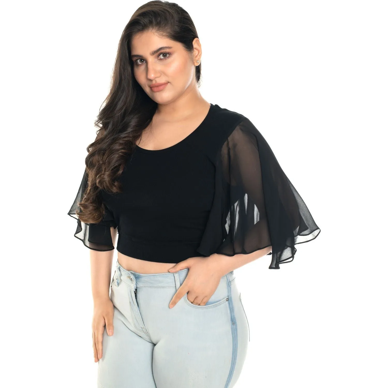 Hosiery Deep Neck Blouses - Butterfly Sleeves - Plus Size