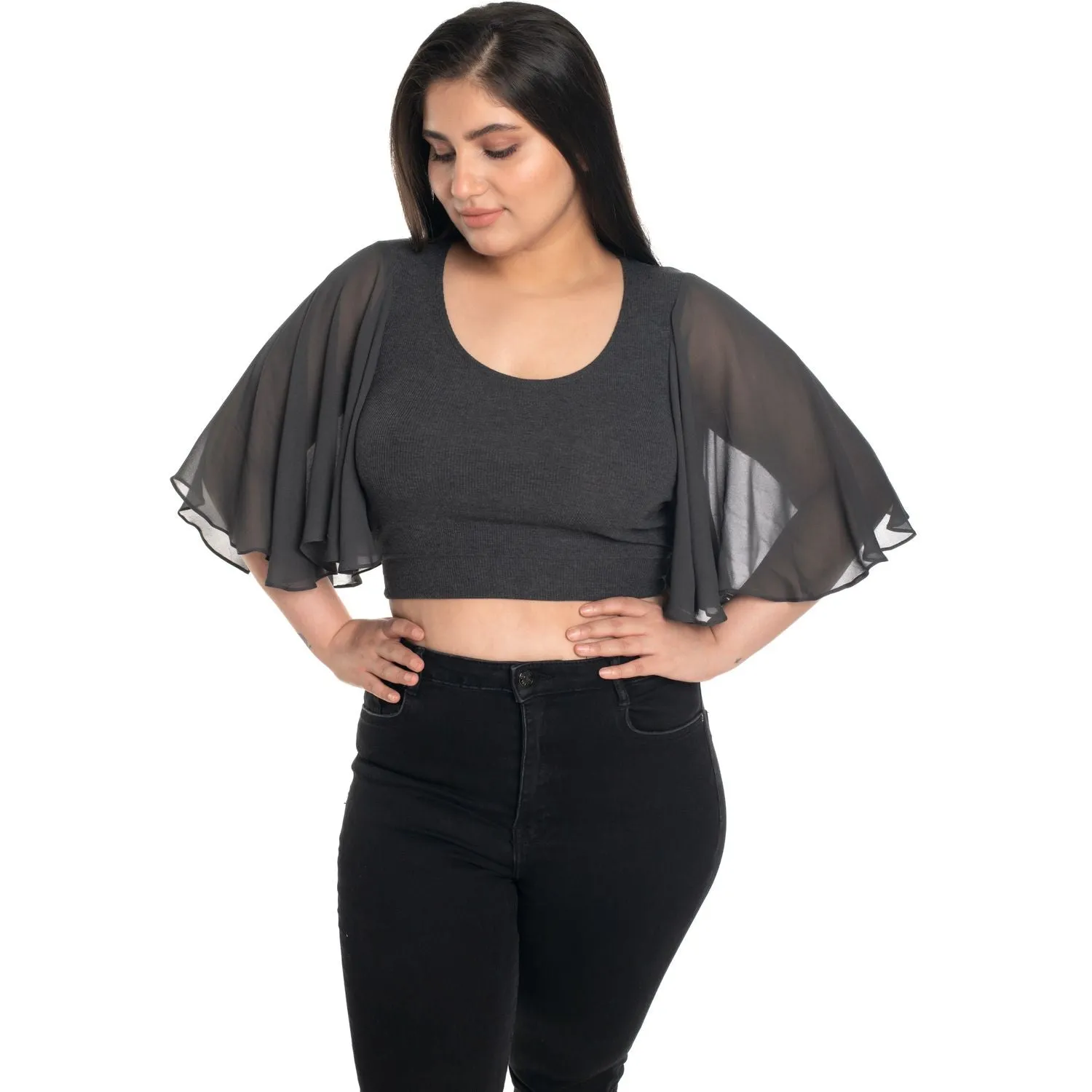 Hosiery Deep Neck Blouses - Butterfly Sleeves - Plus Size