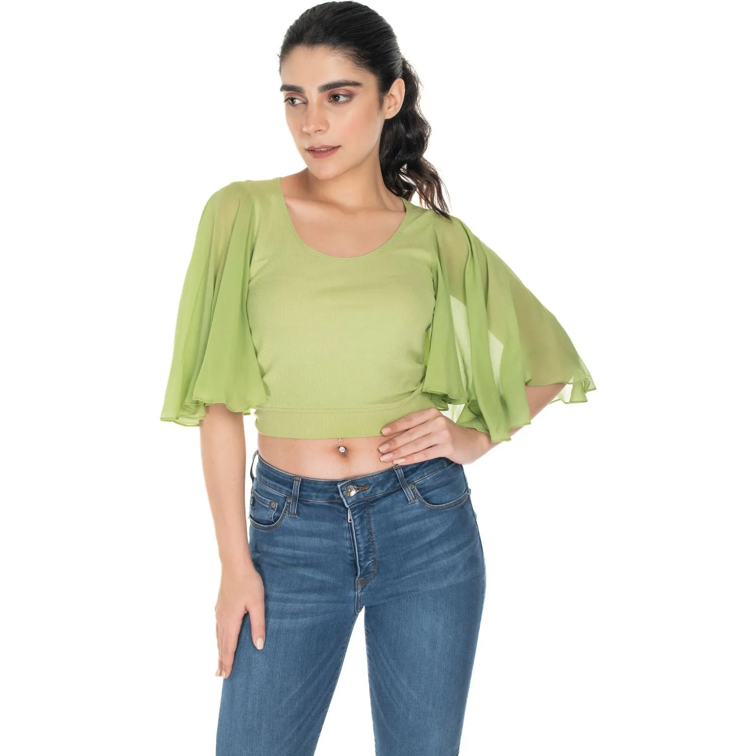 Hosiery Deep Neck Blouses - Butterfly Sleeves - Plus Size