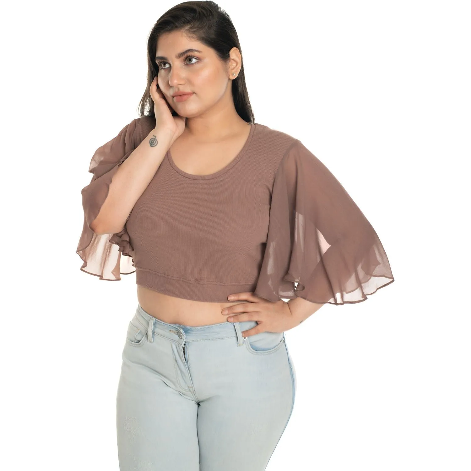 Hosiery Deep Neck Blouses - Butterfly Sleeves - Plus Size