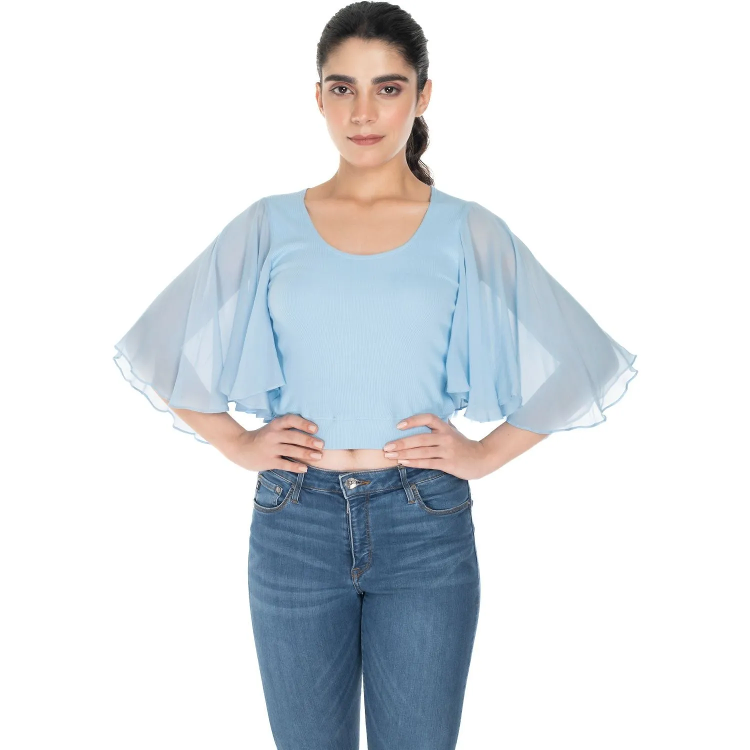 Hosiery Deep Neck Blouses - Butterfly Sleeves - Plus Size