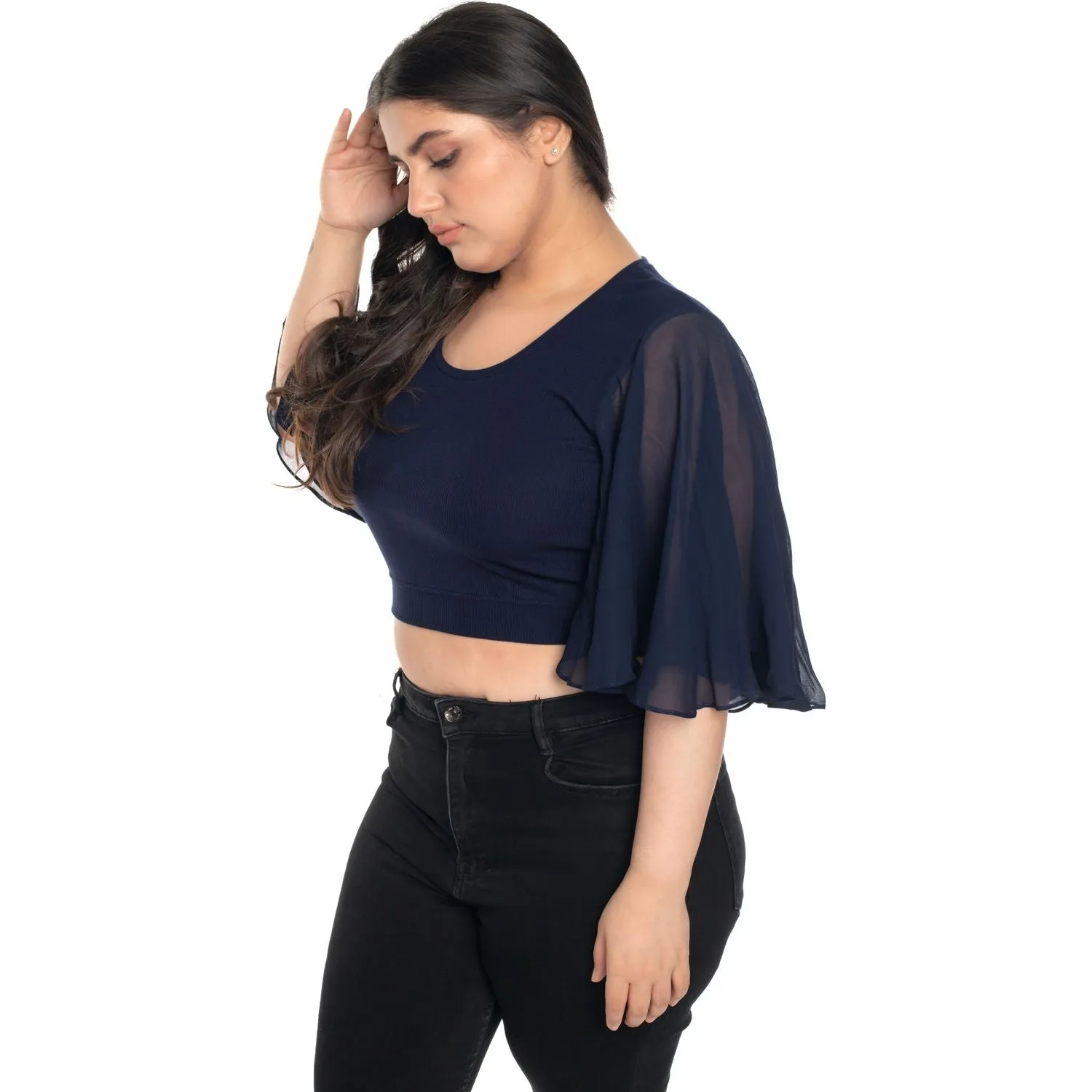 Hosiery Deep Neck Blouses - Butterfly Sleeves - Plus Size