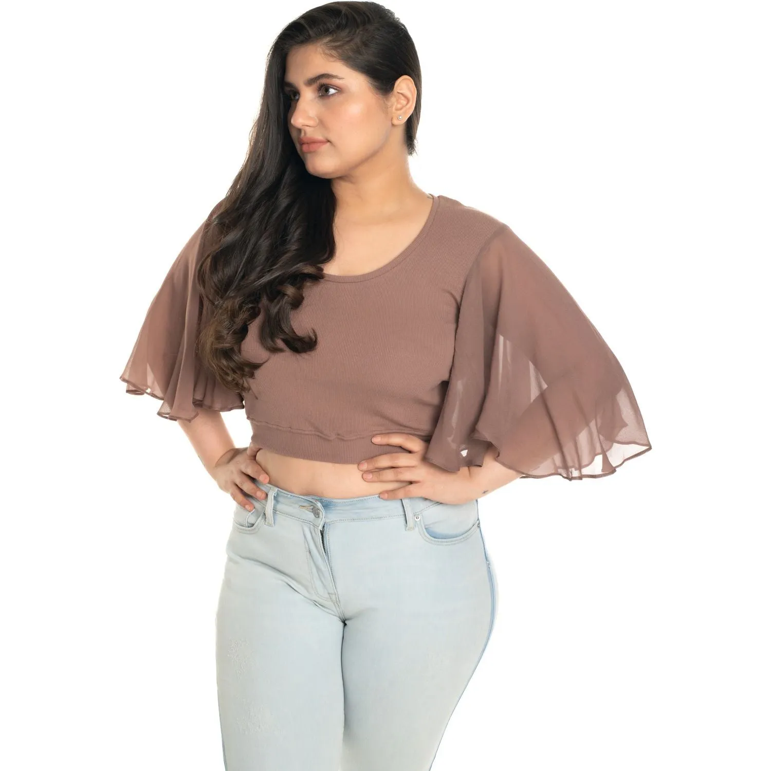 Hosiery Deep Neck Blouses - Butterfly Sleeves - Plus Size