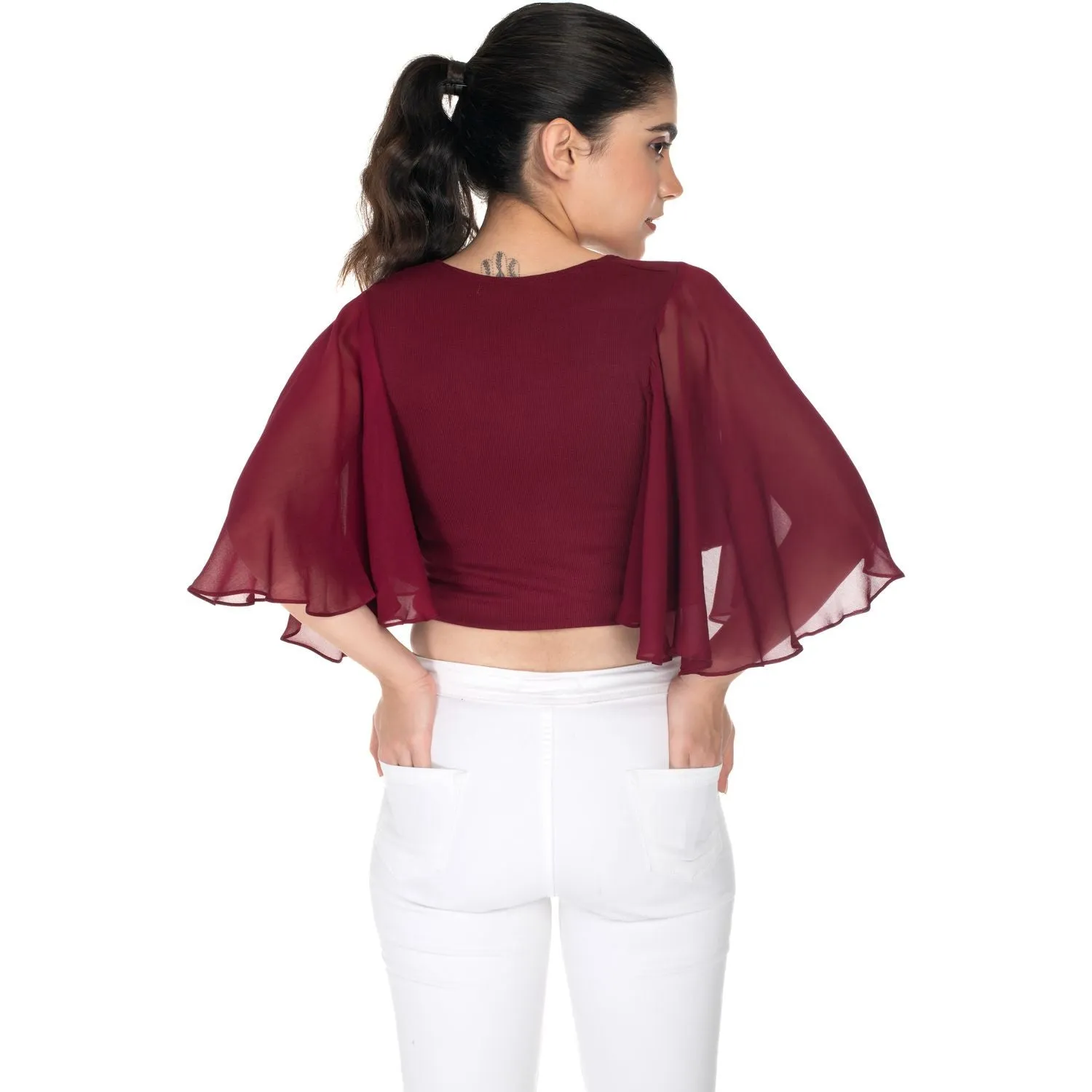 Hosiery Deep Neck Blouses - Butterfly Sleeves - Plus Size