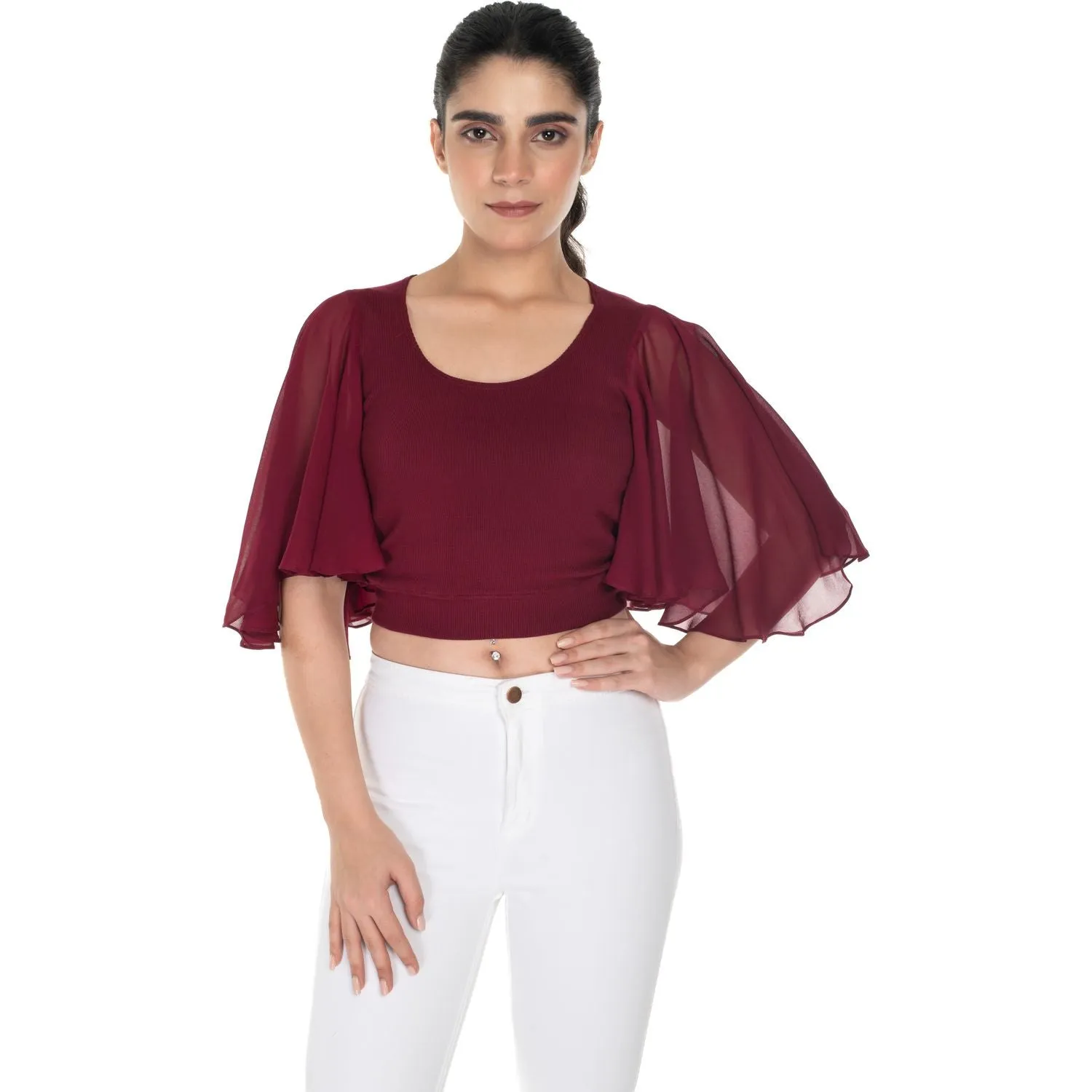 Hosiery Deep Neck Blouses - Butterfly Sleeves - Plus Size