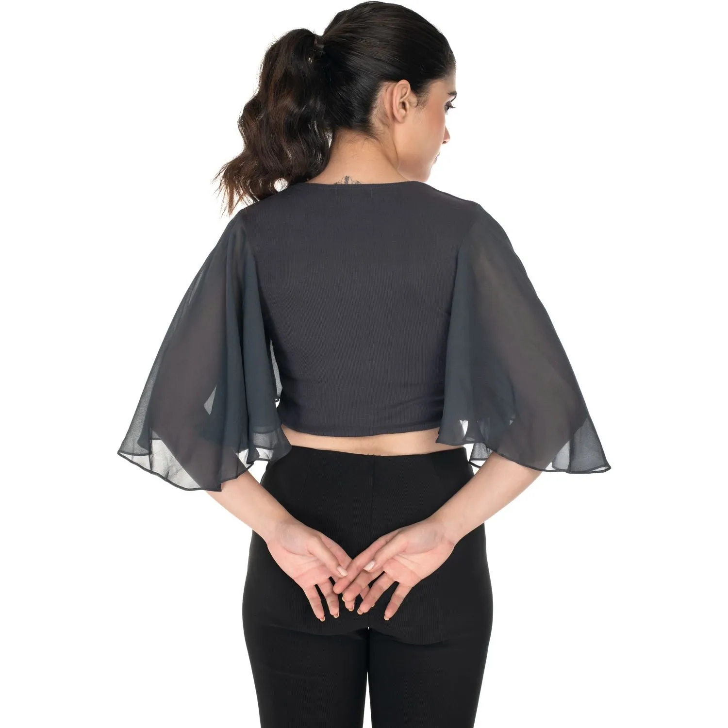 Hosiery Deep Neck Blouses - Butterfly Sleeves - Plus Size