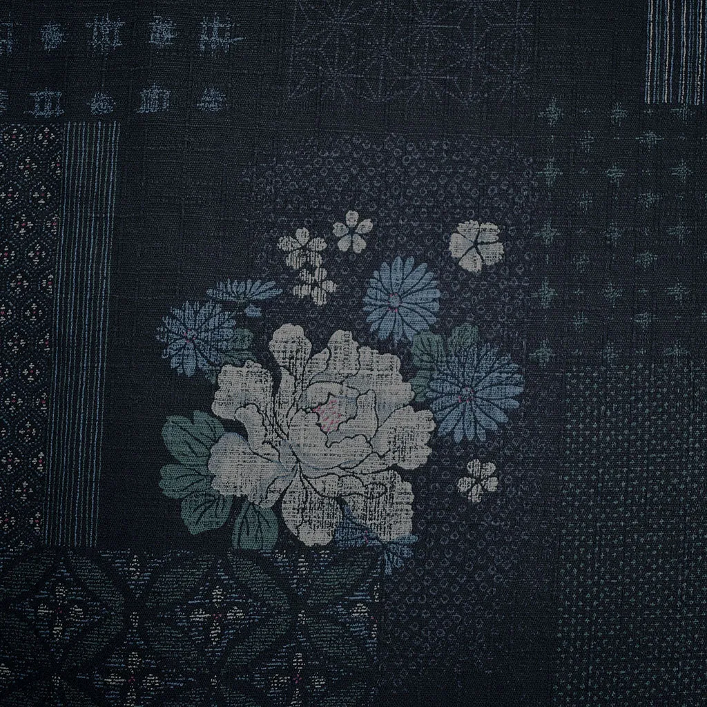 Japanese Patchwork Floral Dobby Textured Cotton Navy