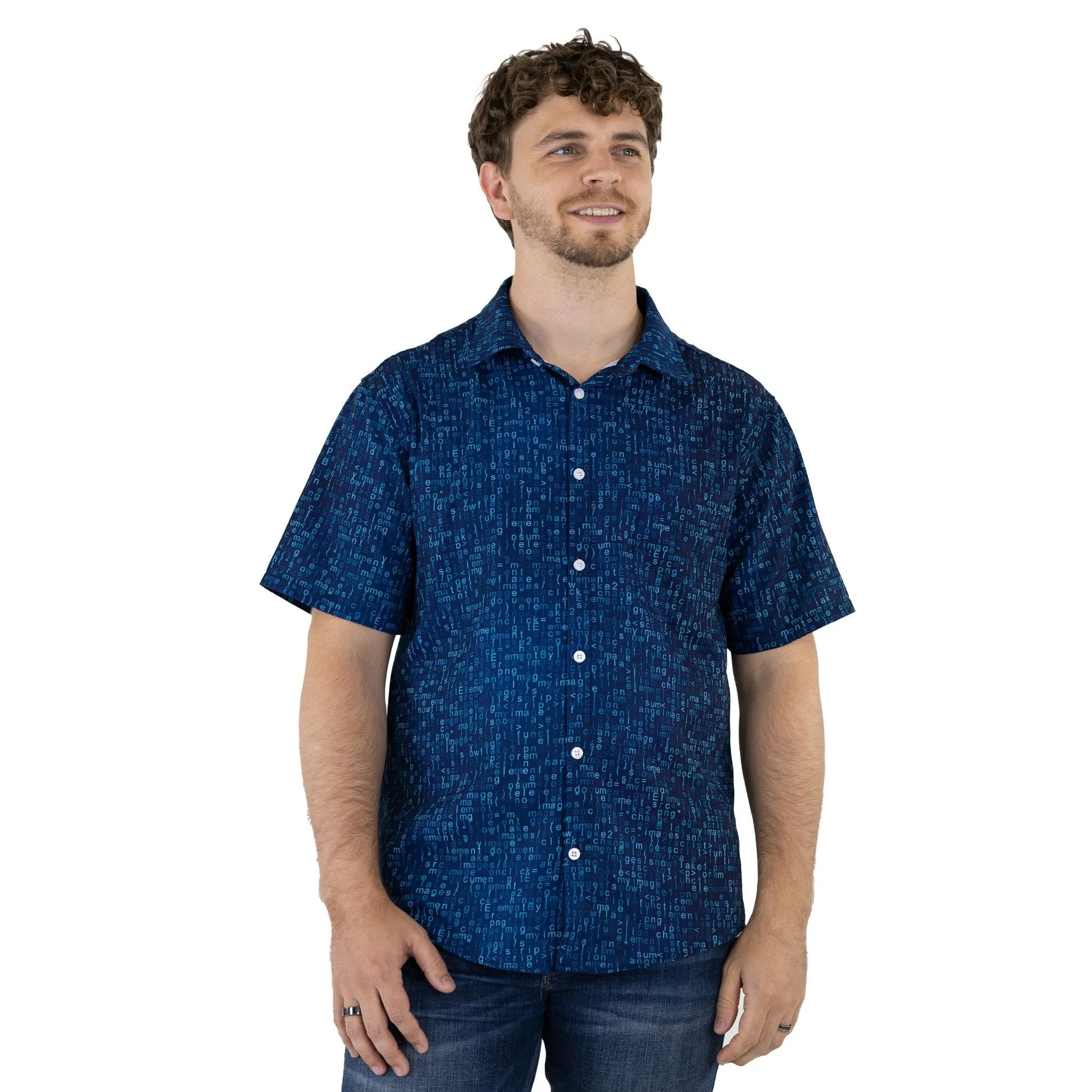 Javascript Computer Code Blue Button Up Shirt