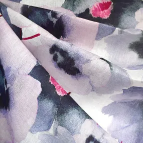 Large Watercolor Floral Digital Print Linen Shirting White/Iris