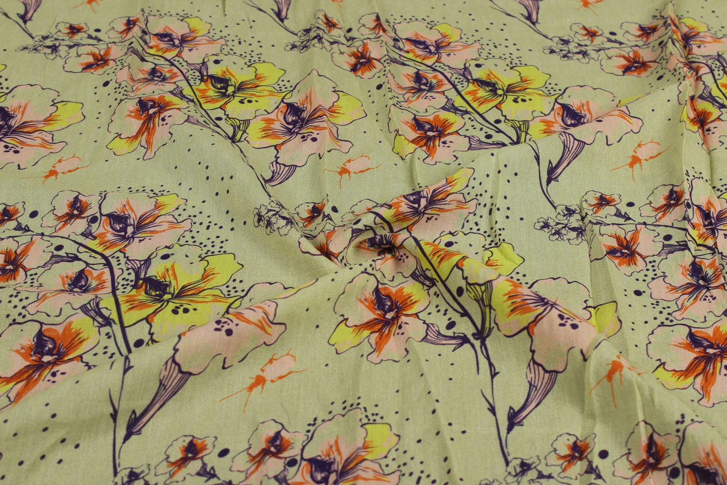 Light Green Floral Printed Viscose Cotton Blend Fabric