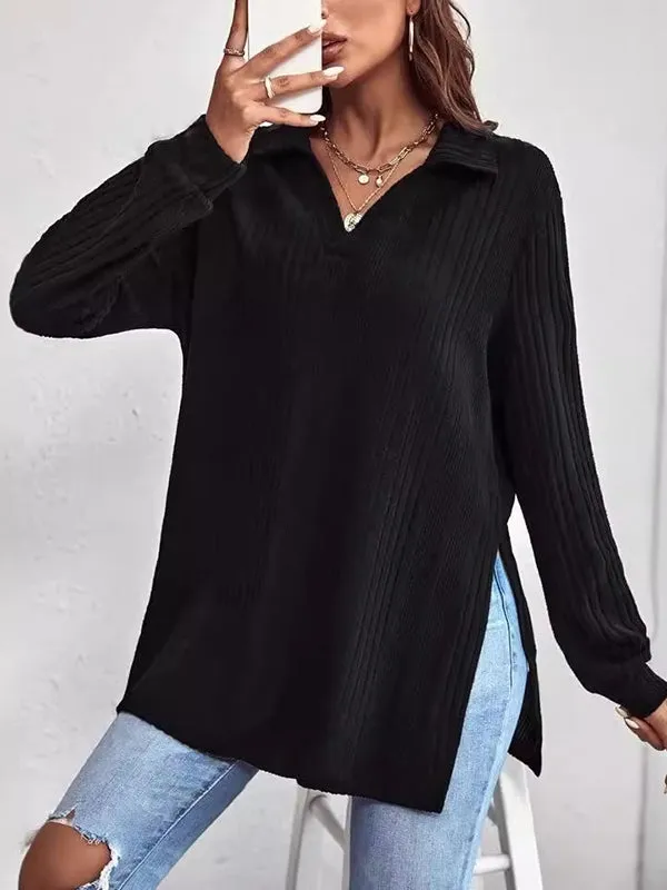 Long Sleeves Loose Solid Color Split-Joint Split-Side Lapel T-Shirts