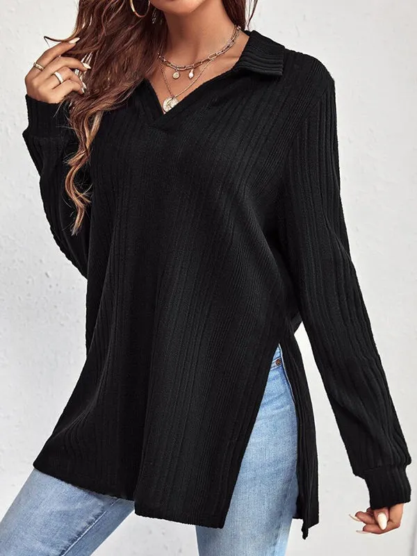 Long Sleeves Loose Solid Color Split-Joint Split-Side Lapel T-Shirts