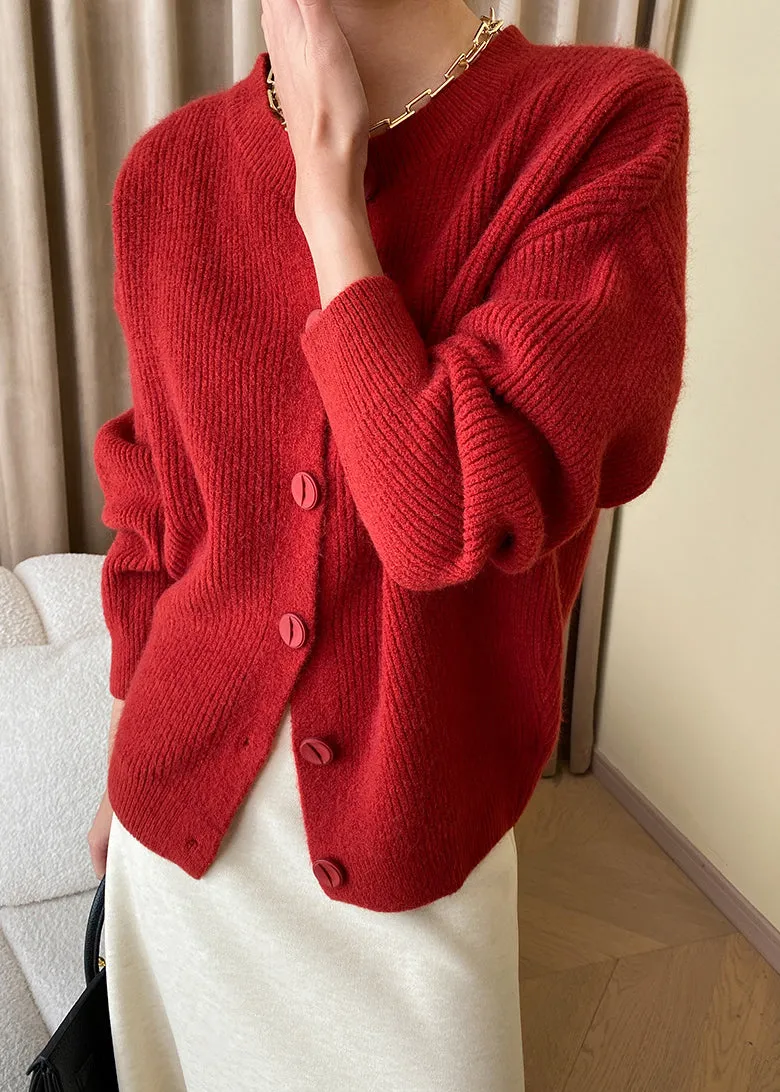 Loose Red Button Solid Knit Coats Fall AF1036