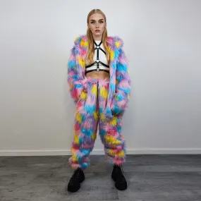 Marshmallow faux fur joggers raver pants fluffy rainbow trousers ski fleece tie-dye unicorn overalls festival bottoms burning man pants pink