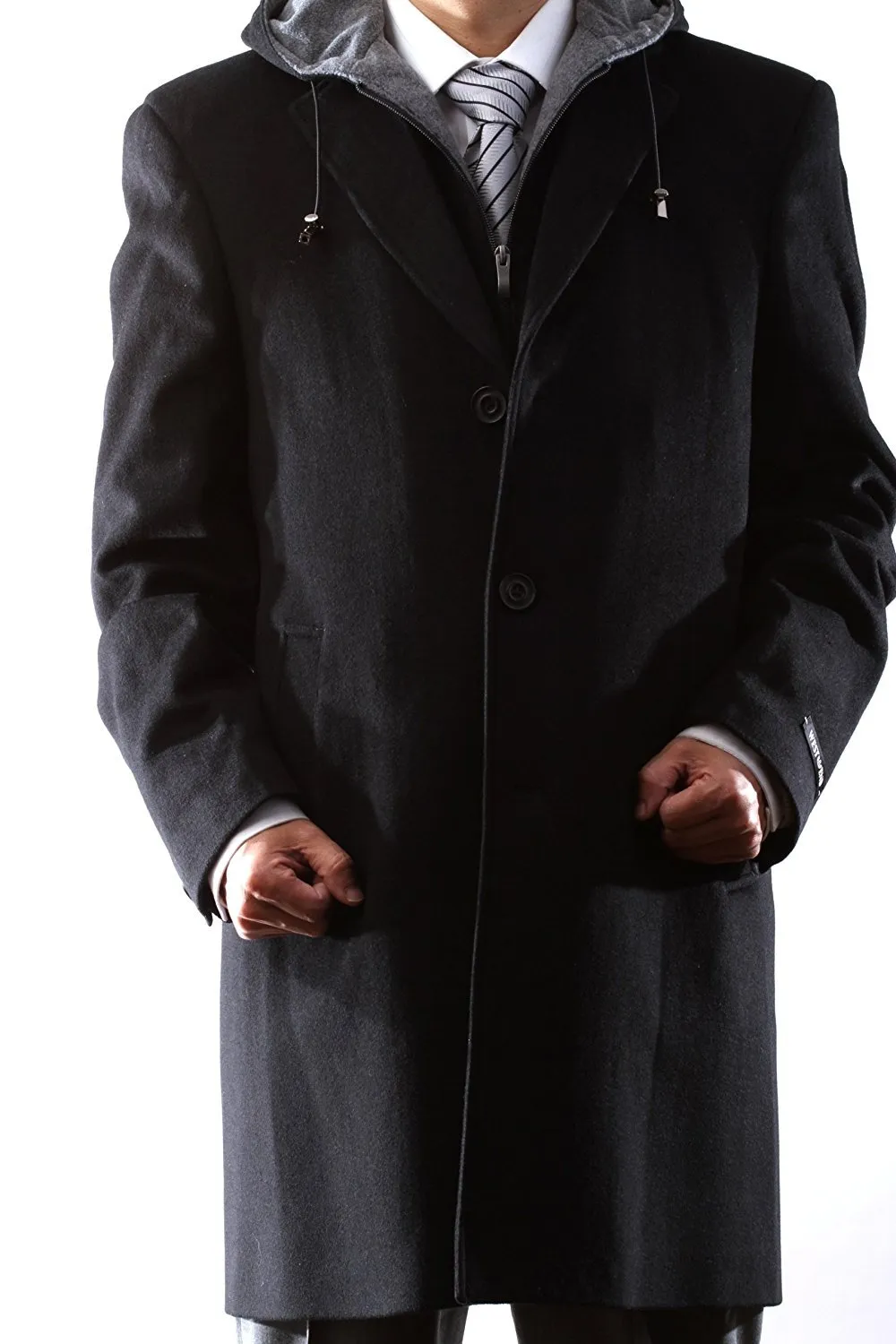 Men's Single Breasted Luxury Wool Three Quarter Length Topcoat with Hood