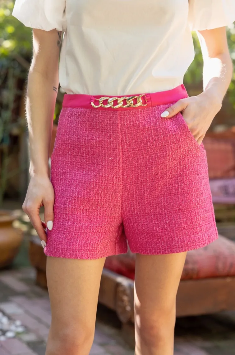 Pink Tweed Shorts with Chain Belt