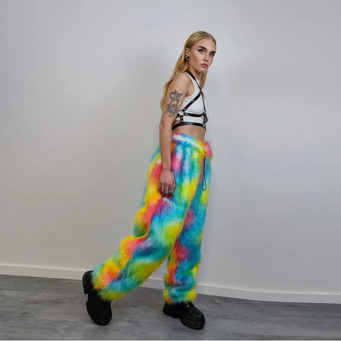 Rainbow faux fur joggers raver pants fluffy psychedelic trousers ski fleece unicorn overalls festival bottoms burning man pants in orange