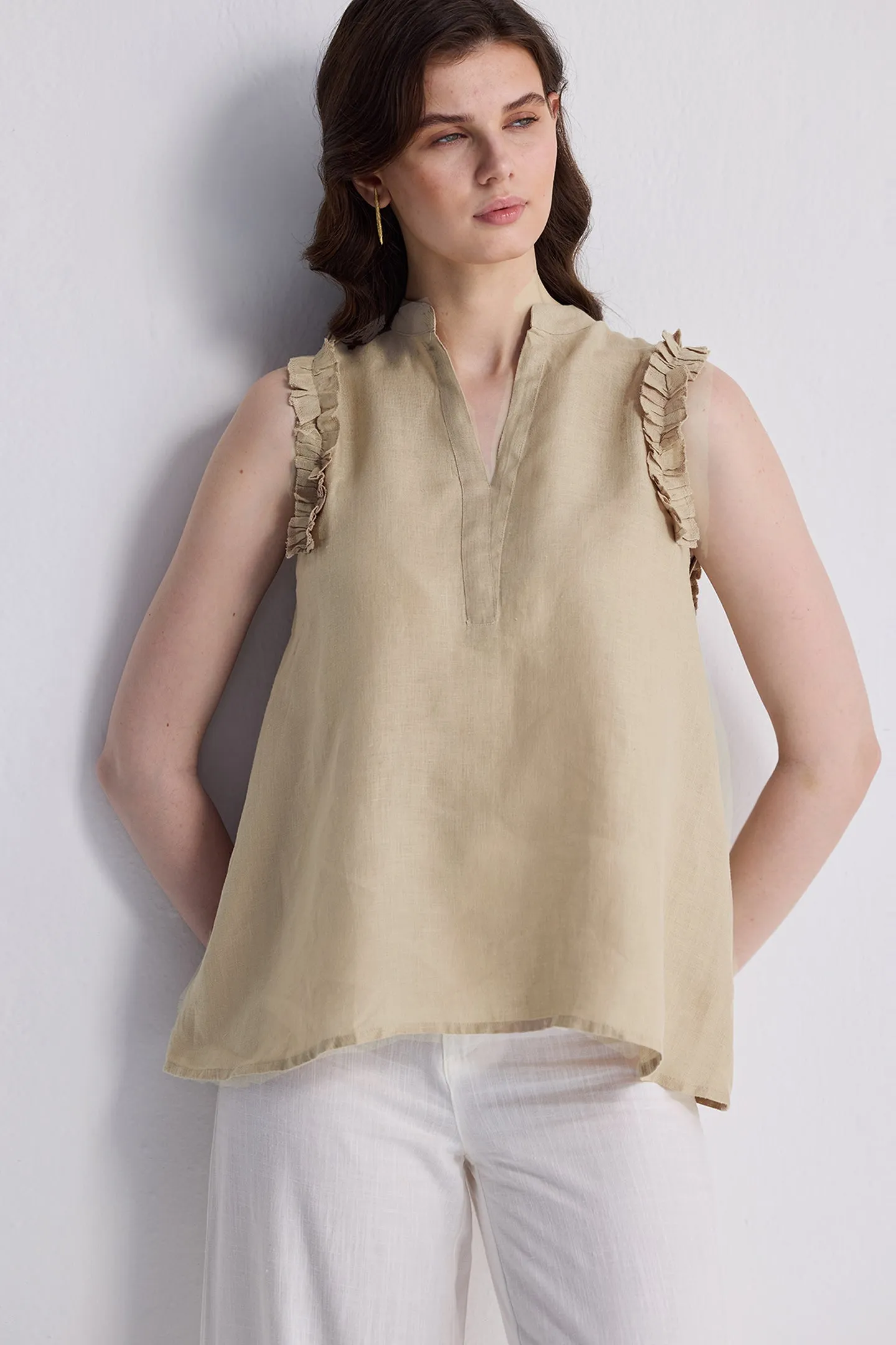 Reistor Sleeveless Hemp Top with Ruffles in Neutral Beige | NEW COLLECTION