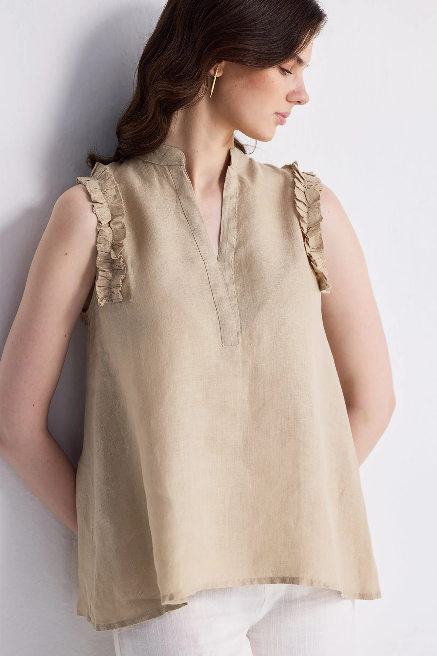 Reistor Sleeveless Hemp Top with Ruffles in Neutral Beige | NEW COLLECTION