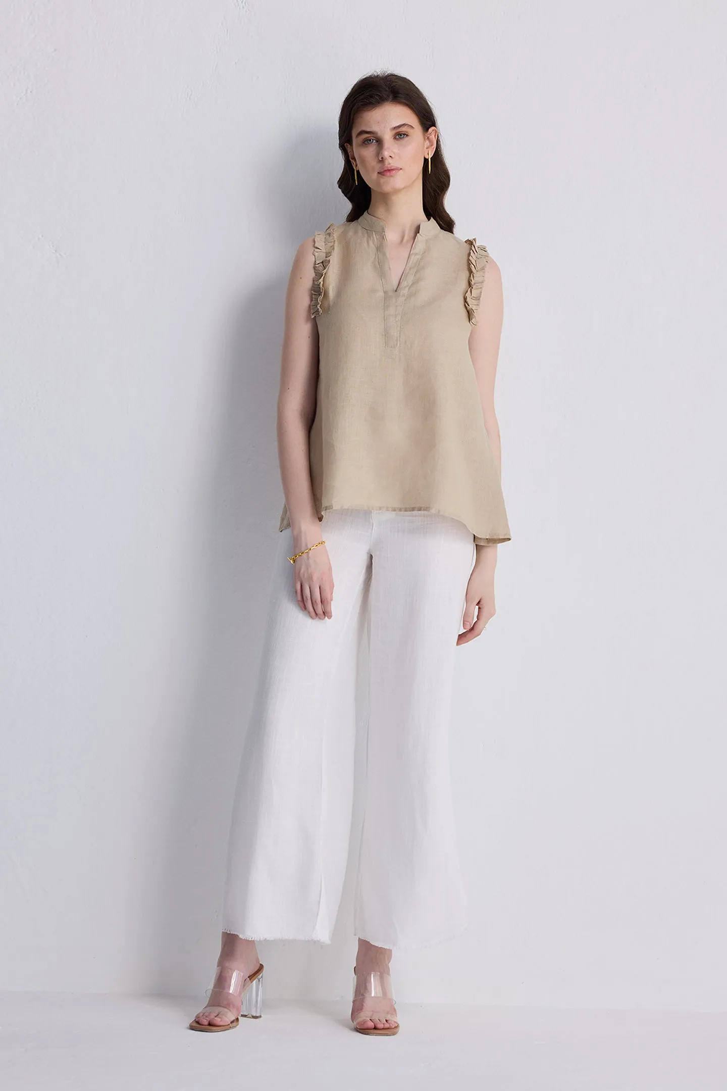 Reistor Sleeveless Hemp Top with Ruffles in Neutral Beige | NEW COLLECTION