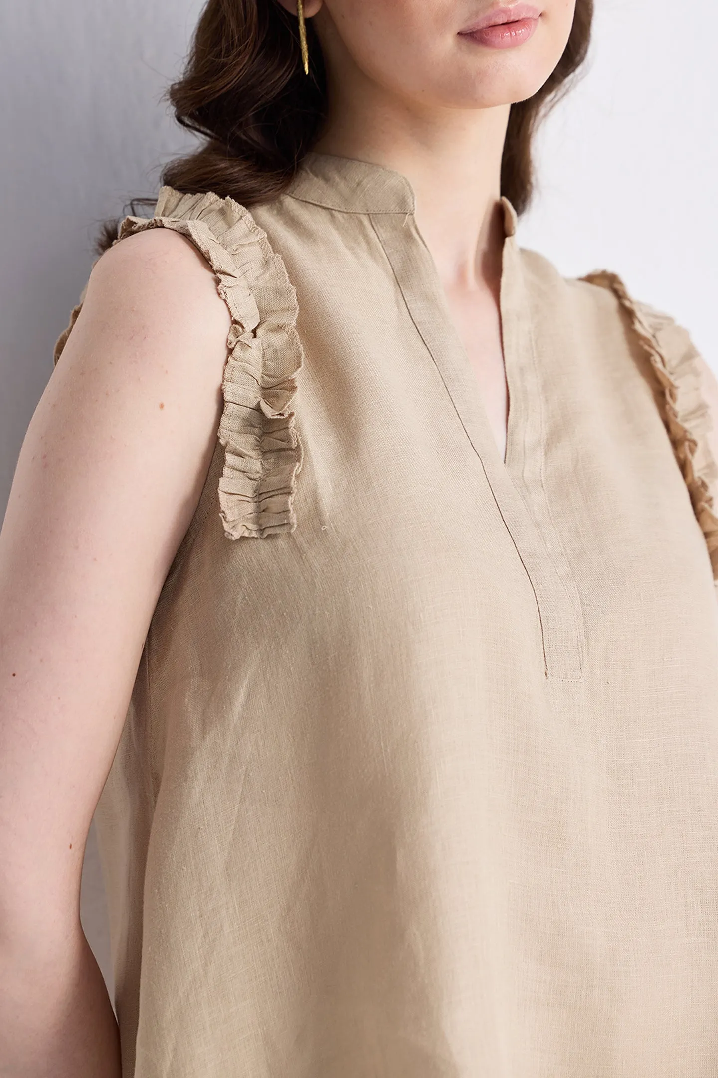 Reistor Sleeveless Hemp Top with Ruffles in Neutral Beige | NEW COLLECTION