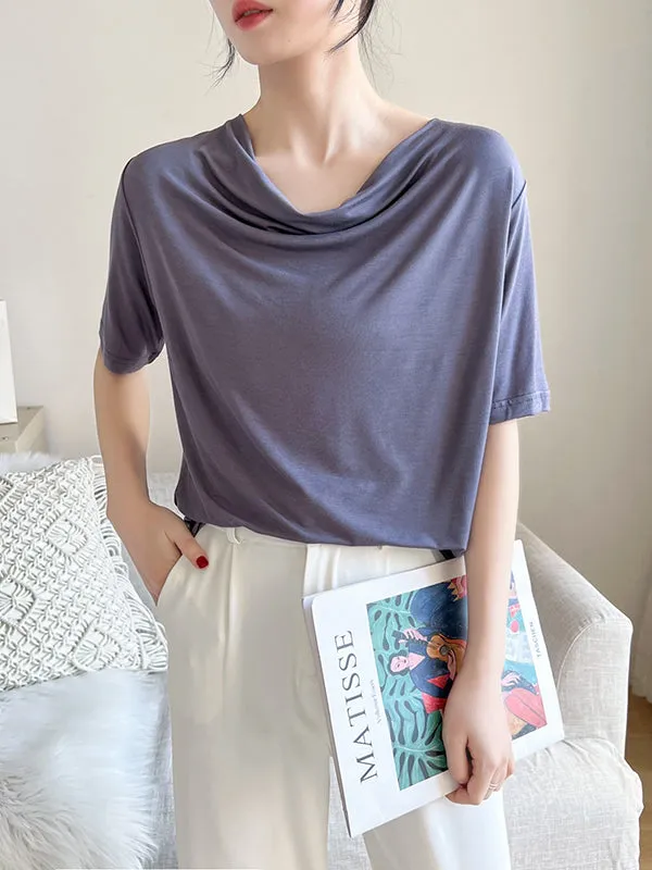 Short Sleeves Pleated Solid Color Heaps Collar T-Shirts Tops