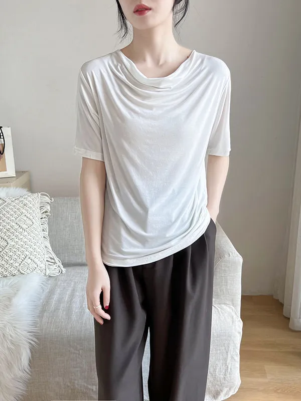 Short Sleeves Pleated Solid Color Heaps Collar T-Shirts Tops