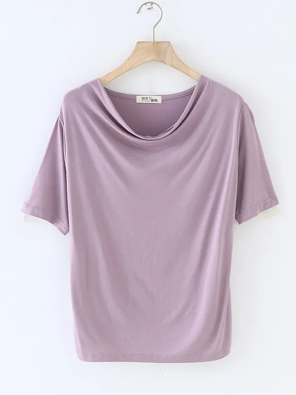 Short Sleeves Pleated Solid Color Heaps Collar T-Shirts Tops