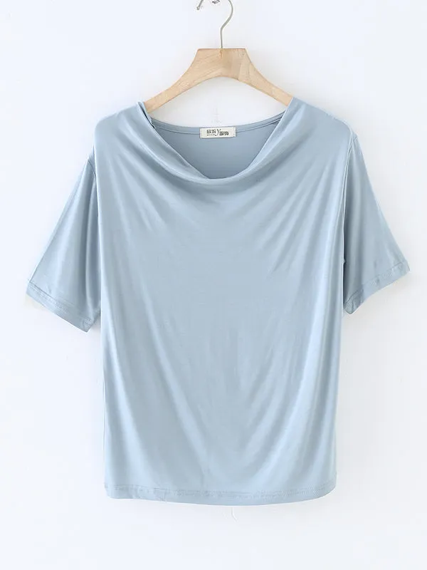 Short Sleeves Pleated Solid Color Heaps Collar T-Shirts Tops