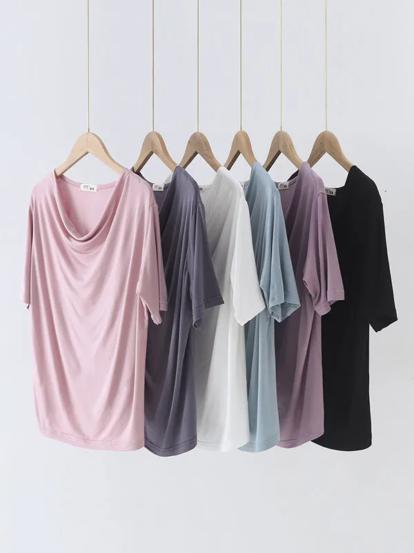 Short Sleeves Pleated Solid Color Heaps Collar T-Shirts Tops