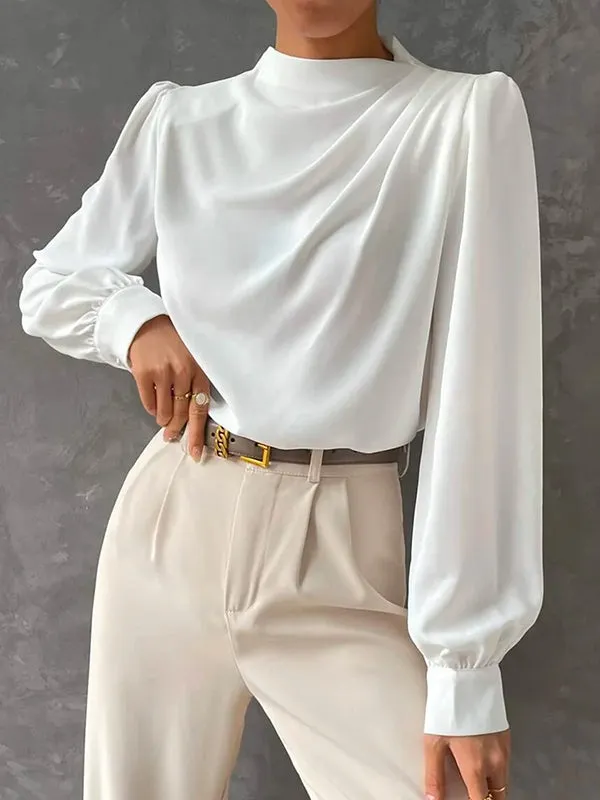 Simple Long Sleeves Puff Sleeves Asymmetric High-Neck Blouses&Shirts Tops