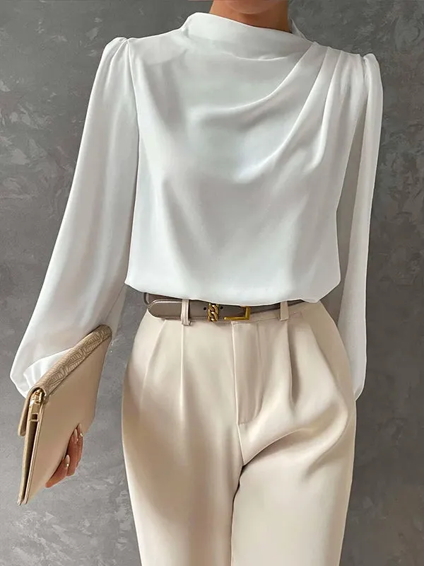 Simple Long Sleeves Puff Sleeves Asymmetric High-Neck Blouses&Shirts Tops