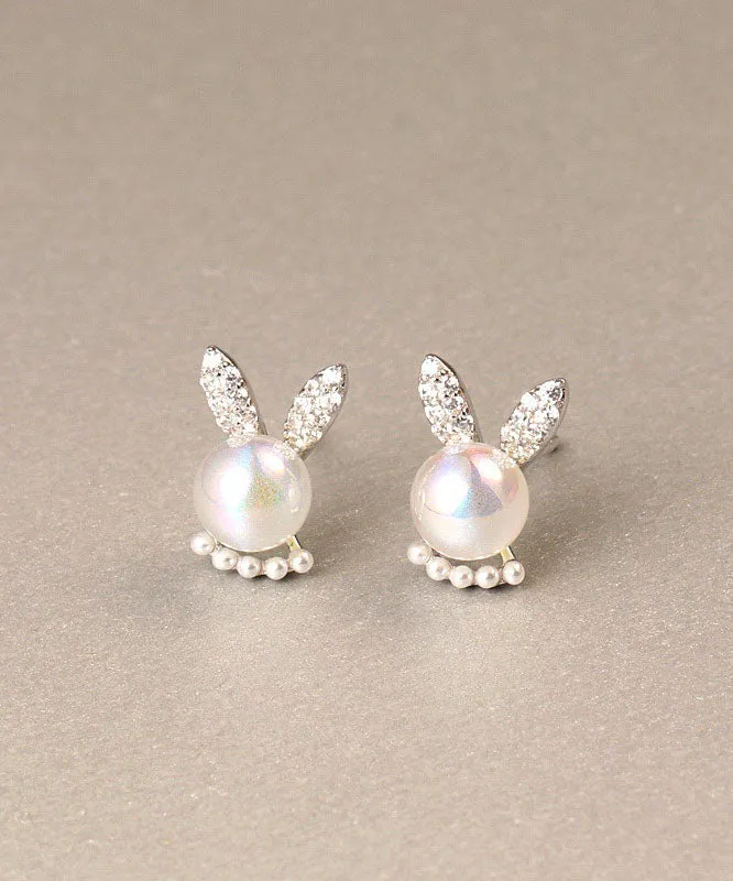 Simple White Cute Rabbit Zircon And Pearl Stud Earrings