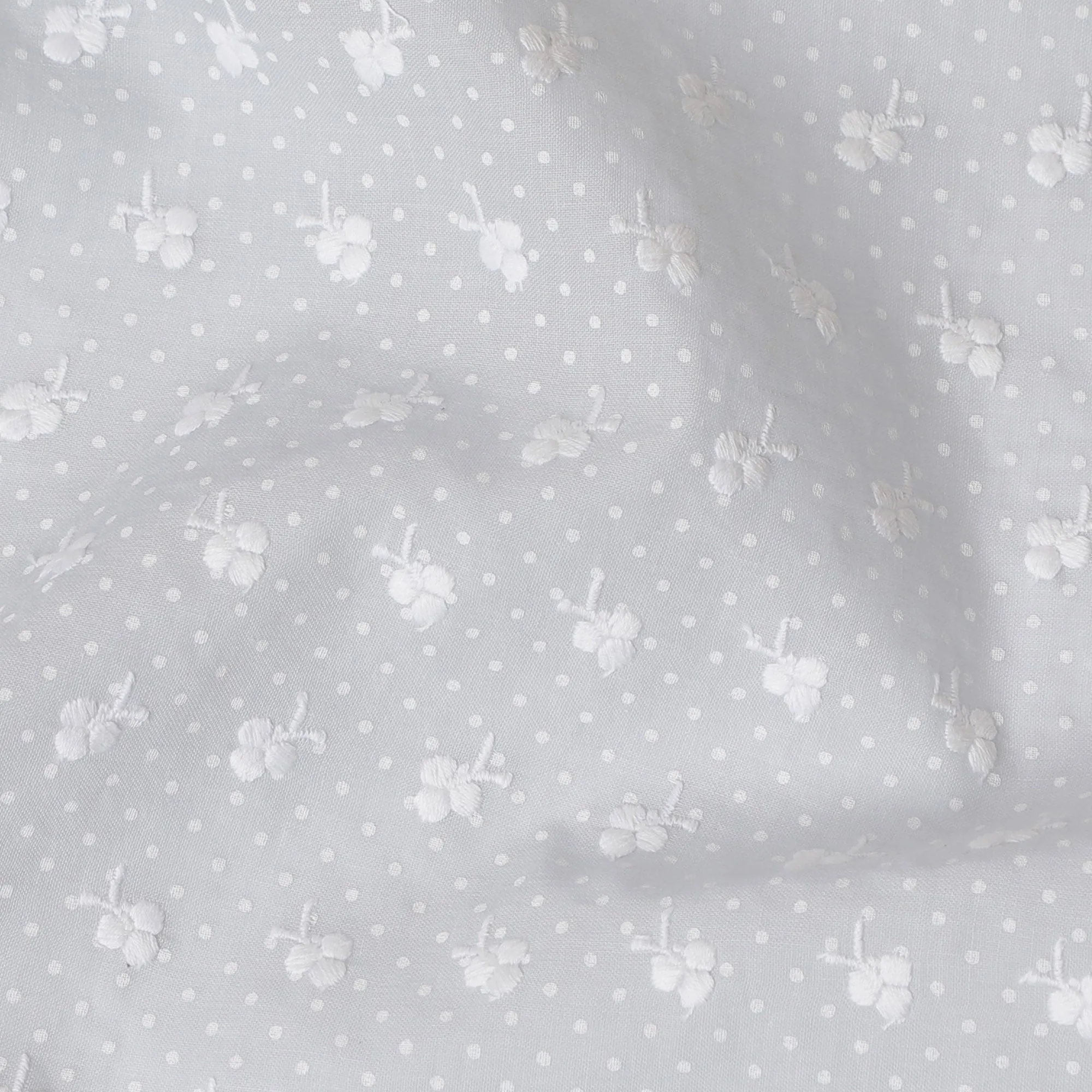 Soft Pearl White Polka Dot and Floral Embroidered Cotton Lawn Fabric, 110 cm Width-D19676