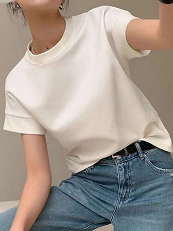 Solid Color Loose Short Sleeves Round-Neck T-Shirts Tops