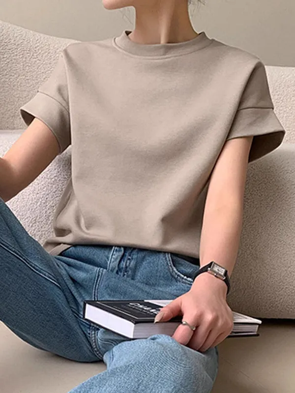 Solid Color Loose Short Sleeves Round-Neck T-Shirts Tops