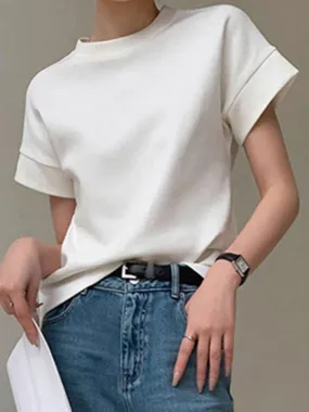 Solid Color Loose Short Sleeves Round-Neck T-Shirts Tops