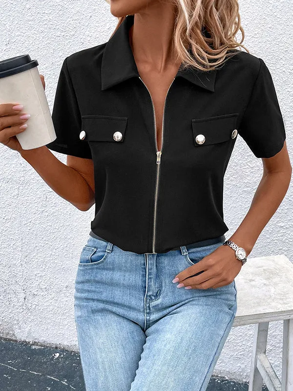 Split-Joint Zipper Loose Short Sleeves Lapel Blouses&Shirts Tops