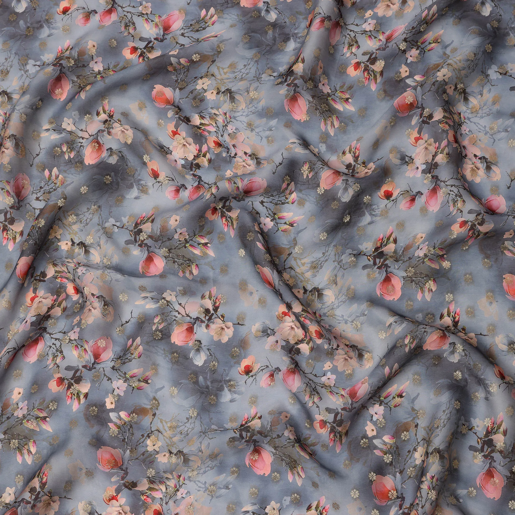 Steel Blue Floral Synthetic Organza Satin Fabric, 110 cm Wide, Made in India-D20982