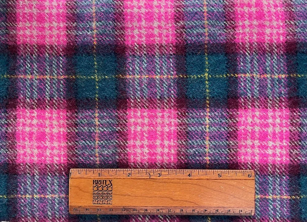 Stupendous Barbie-esque Pink & Teal Shetland Wool Plaid (Made in Italy)