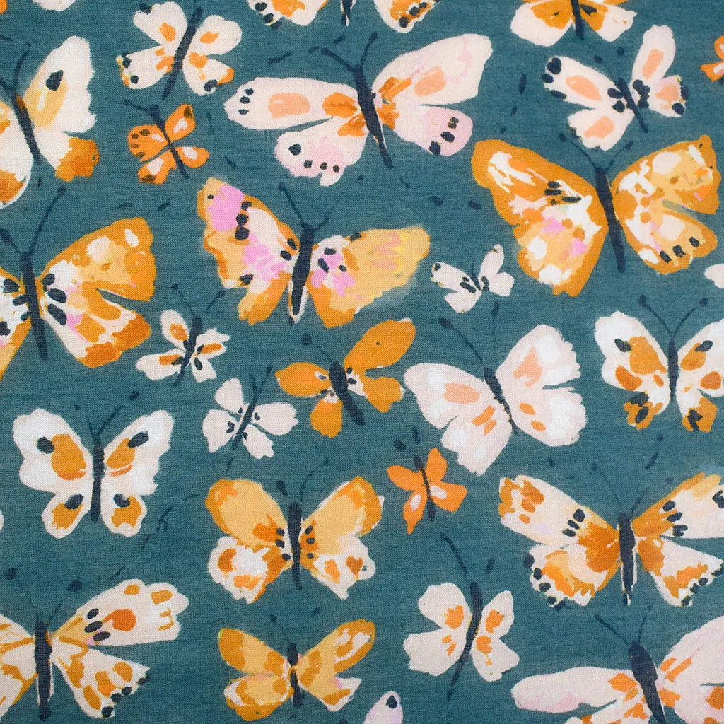 Sunday Flutter Butterflies Organic Cotton Batiste Ocean/Ochre