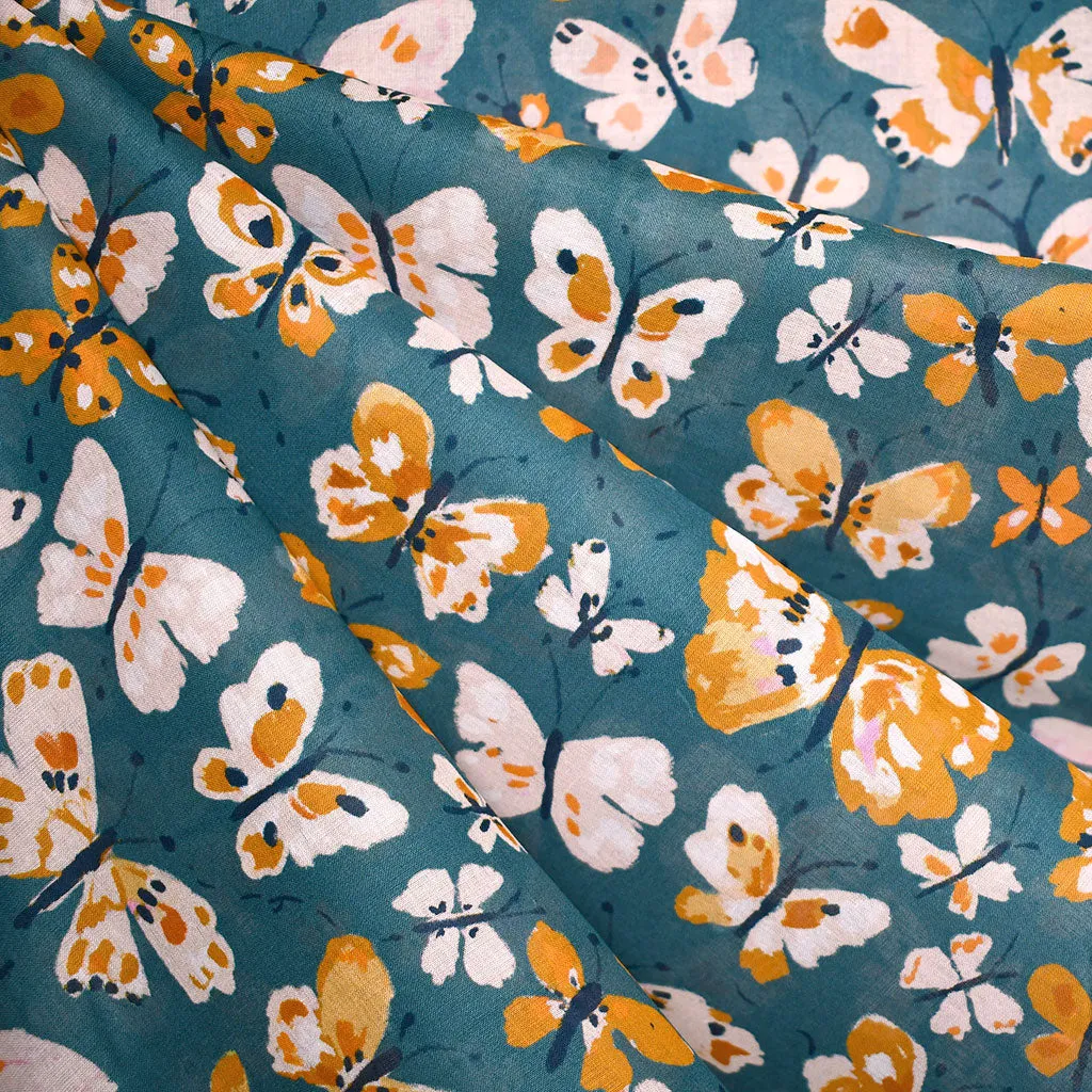 Sunday Flutter Butterflies Organic Cotton Batiste Ocean/Ochre