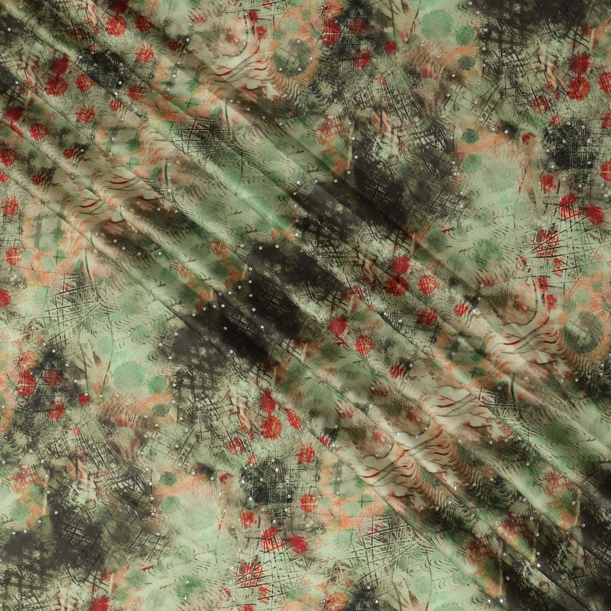 Synthetic Modal Satin Fabric with Stone Work - Abstract Green and Red Pattern on Olive, 110 cm Width-D20653