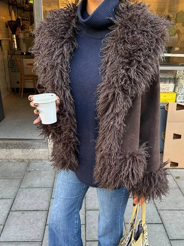 TAVIMART  -  Elegant Coffee Solid Fur Patchwork Cardigan Jacket For Women Fashion Long Sleeve Warm Loose Coats Lady High Streetwear New