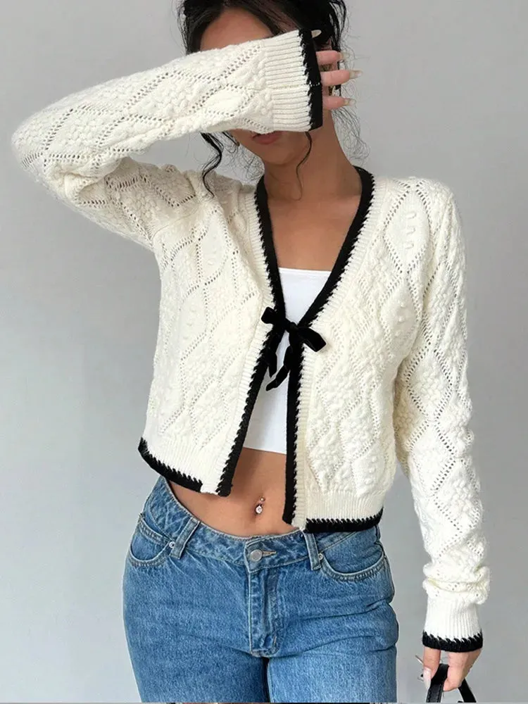 TAVIMART  -  Elegant Women V Neck Long Sleeve Lace Up Embroidery Knitwear New Fashion Women's Casual Knitted Cardigan Autumn Chic Lady Coats