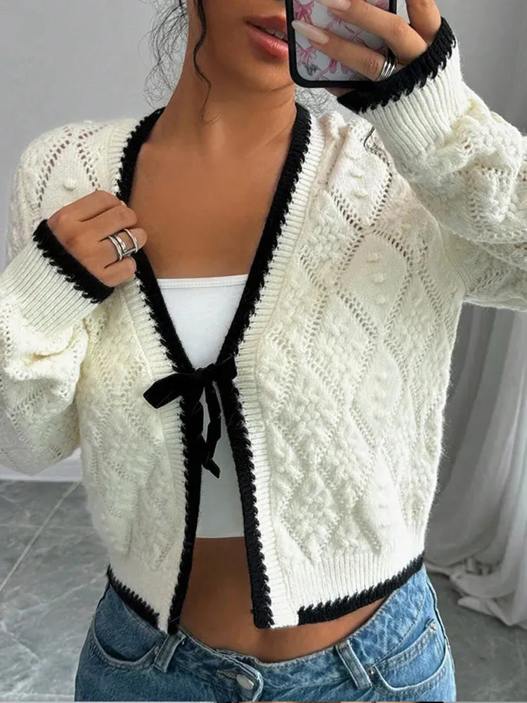 TAVIMART  -  Elegant Women V Neck Long Sleeve Lace Up Embroidery Knitwear New Fashion Women's Casual Knitted Cardigan Autumn Chic Lady Coats