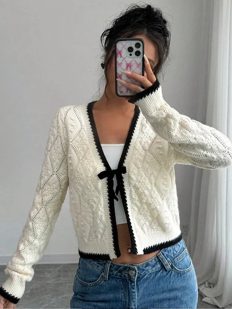 TAVIMART  -  Elegant Women V Neck Long Sleeve Lace Up Embroidery Knitwear New Fashion Women's Casual Knitted Cardigan Autumn Chic Lady Coats