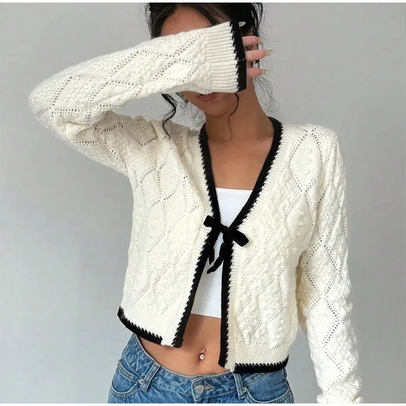 TAVIMART  -  Elegant Women V Neck Long Sleeve Lace Up Embroidery Knitwear New Fashion Women's Casual Knitted Cardigan Autumn Chic Lady Coats